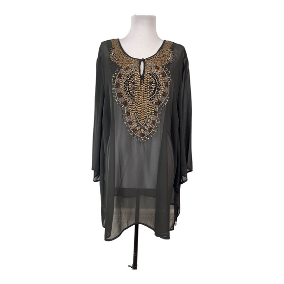 Catherines Tops - Catherines Added Dimensions Women's 1X 18/20 Pullover Blouse Black Sheer Beaded